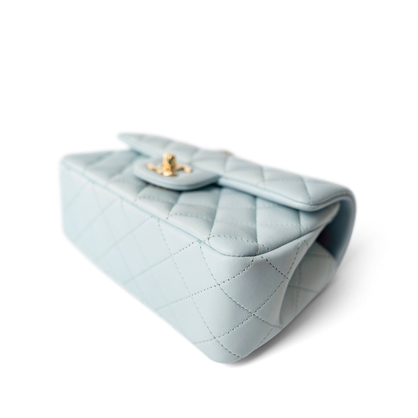 Light Blue Lambskin Quilted Mini Top Handle Light Gold Hardware