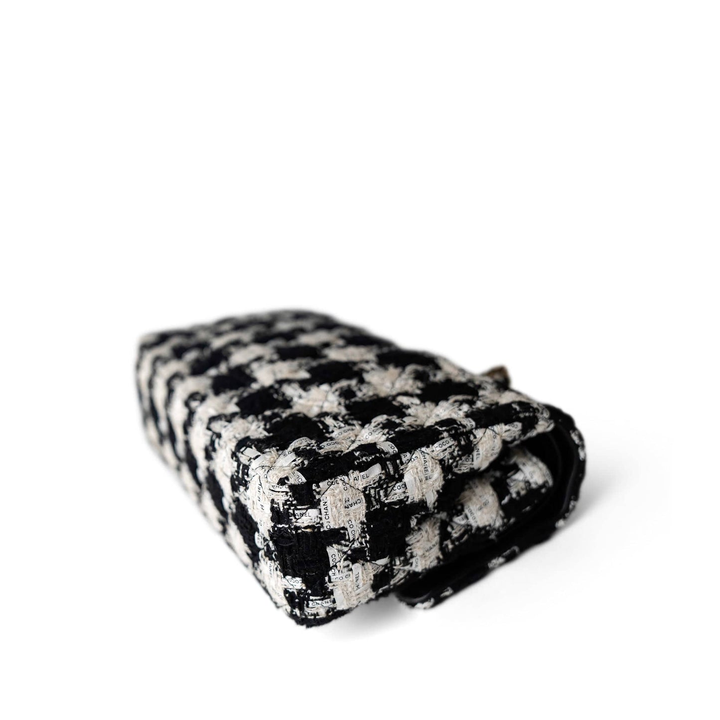 20s Black White Houndstooth Tweed Quilted Classic Flap Medium Light Gold Hardware