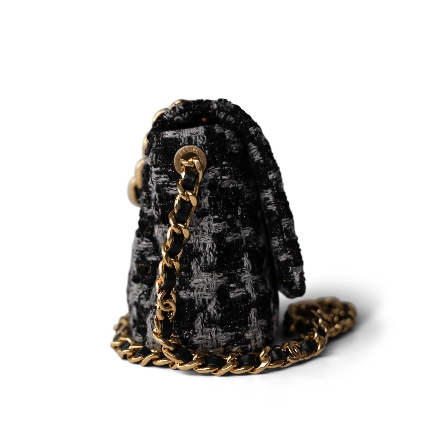 Wool Tweed Quilted Elegant Chain Flap Black Grey