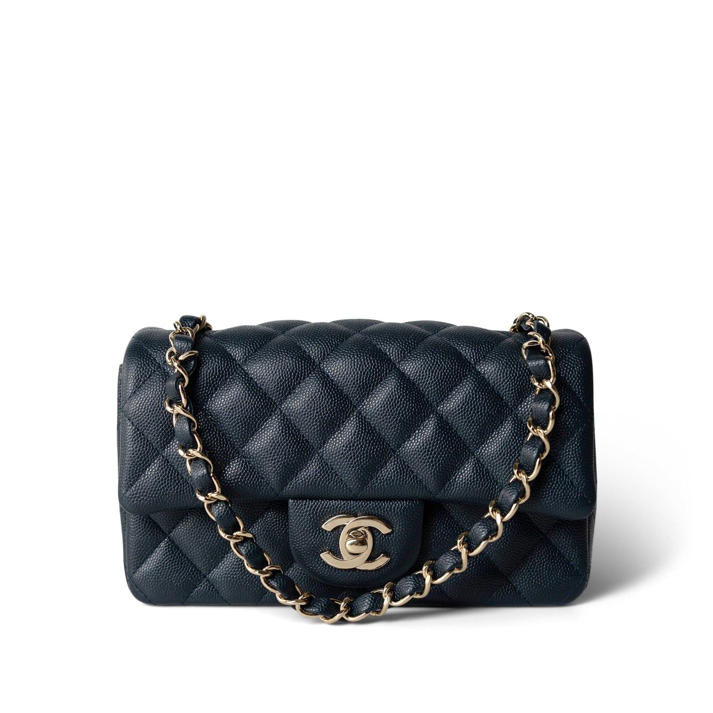 18B Navy Caviar Quilted Mini Rectangular Light Gold Hardware
