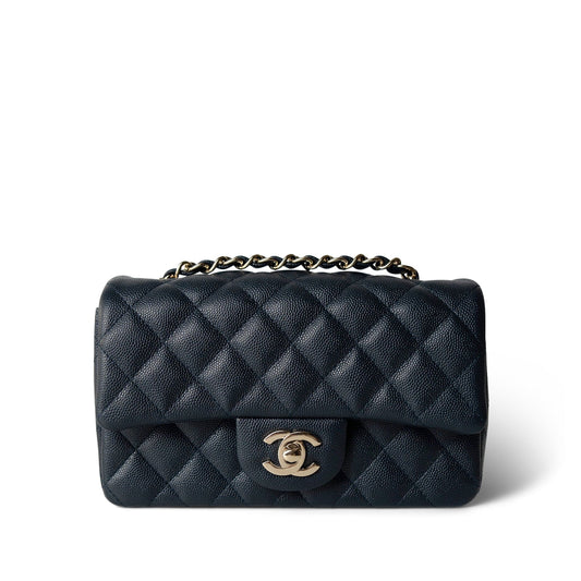 18B Navy Caviar Quilted Mini Rectangular Light Gold Hardware
