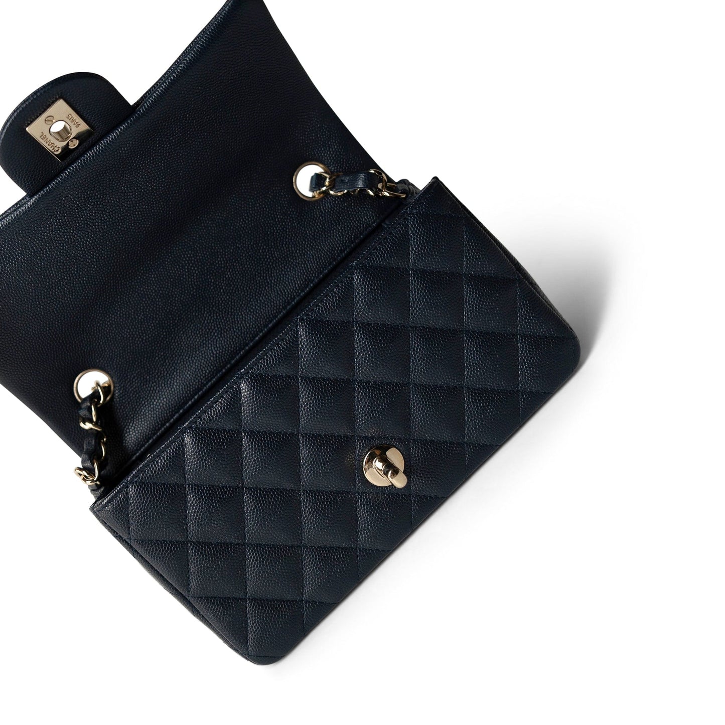 18B Navy Caviar Quilted Mini Rectangular Light Gold Hardware
