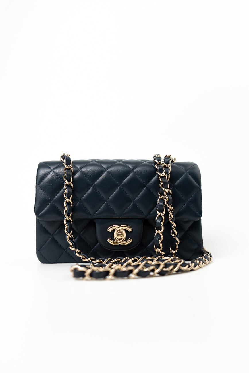 Navy Blue Lambskin Quilted Mini Rectangular Flap Bag LGHW