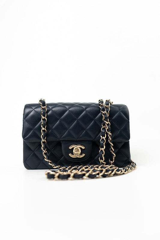 Navy Blue Lambskin Quilted Mini Rectangular Flap Bag LGHW