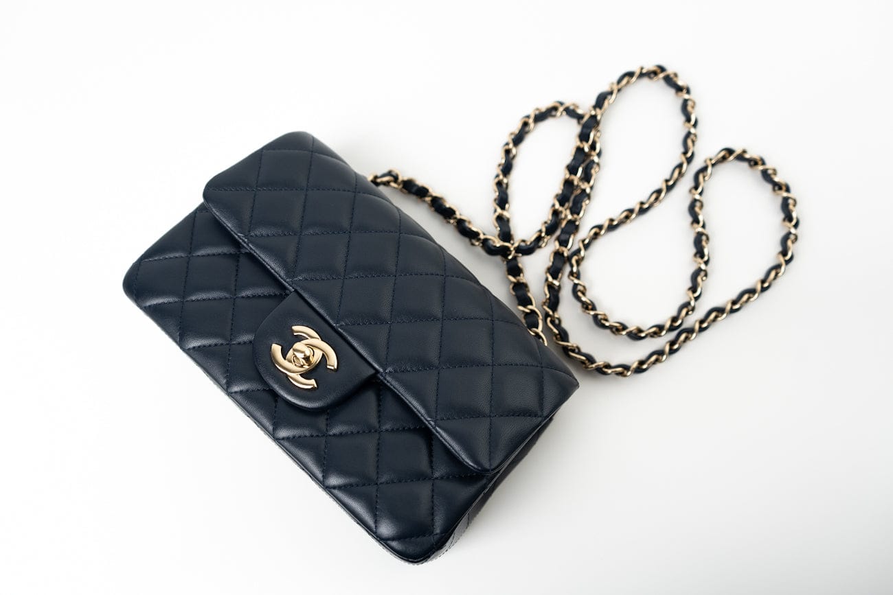 Navy Blue Lambskin Quilted Mini Rectangular Flap Bag LGHW