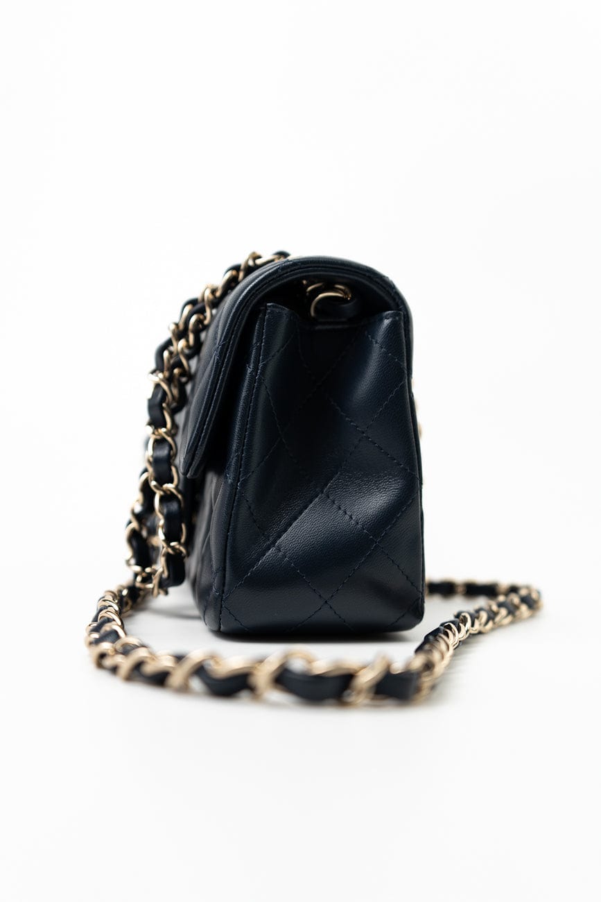 Navy Blue Lambskin Quilted Mini Rectangular Flap Bag LGHW