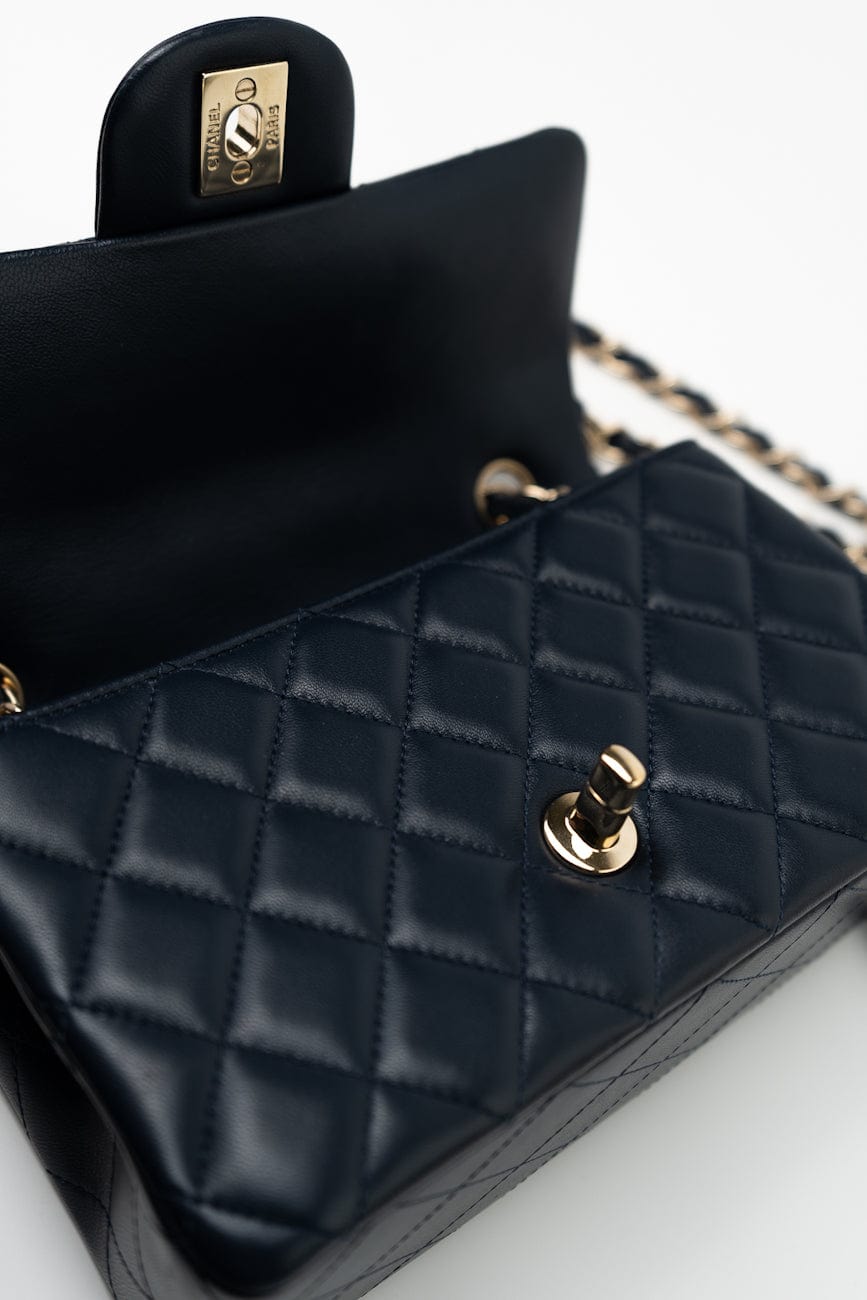 Navy Blue Lambskin Quilted Mini Rectangular Flap Bag LGHW
