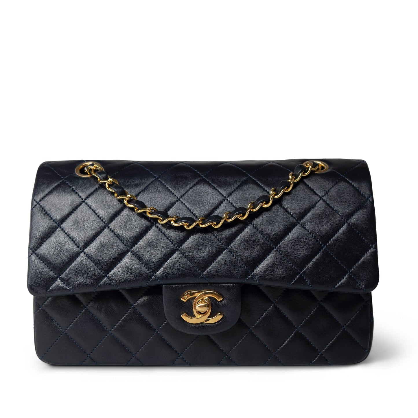 Vintage Navy Lambskin Quilted Classic Flap Medium Gold Hardware