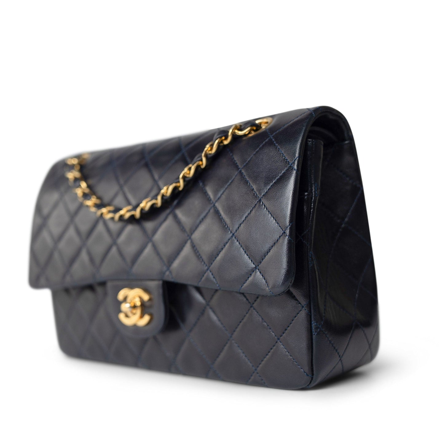Vintage Navy Lambskin Quilted Classic Flap Medium Gold Hardware
