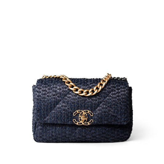 Navy Raffia Quilted 19 Flap Small Mixed Hardware