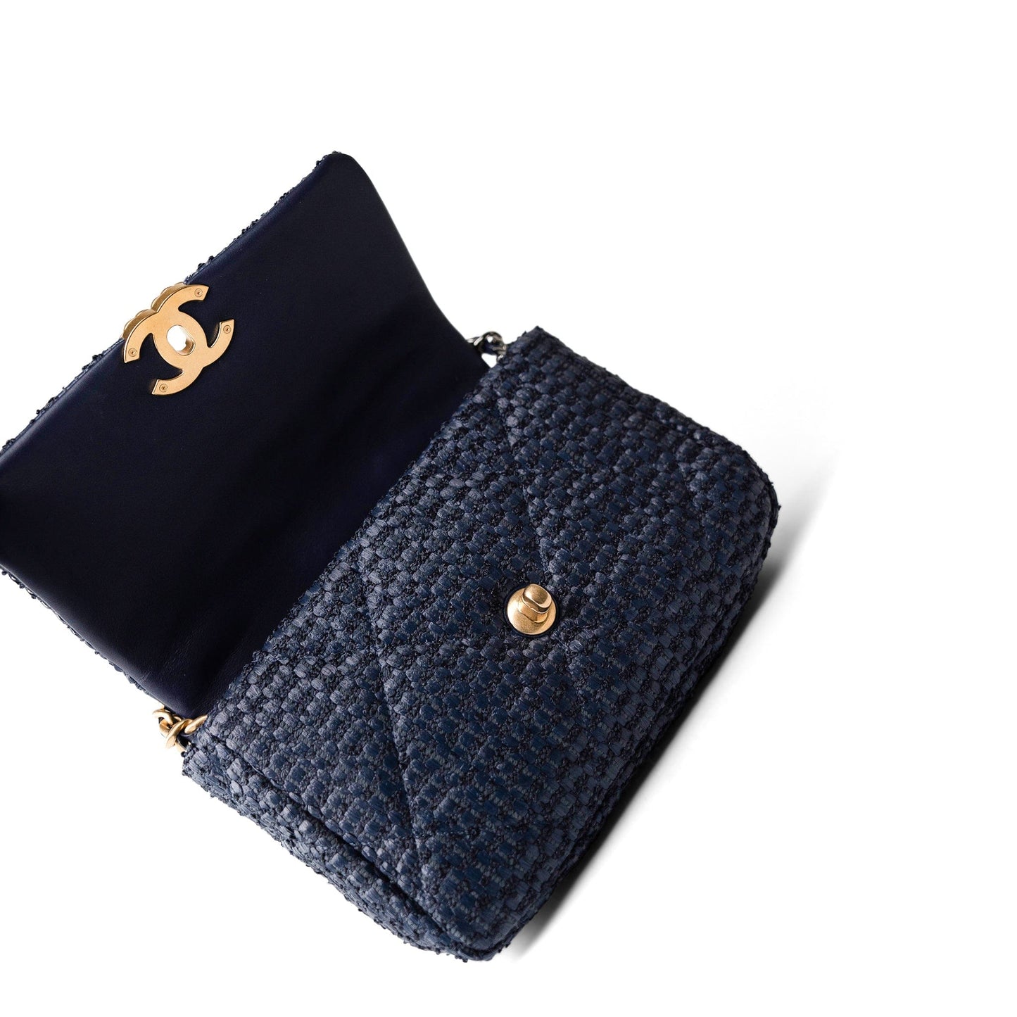 Navy Raffia Quilted 19 Flap Small Mixed Hardware