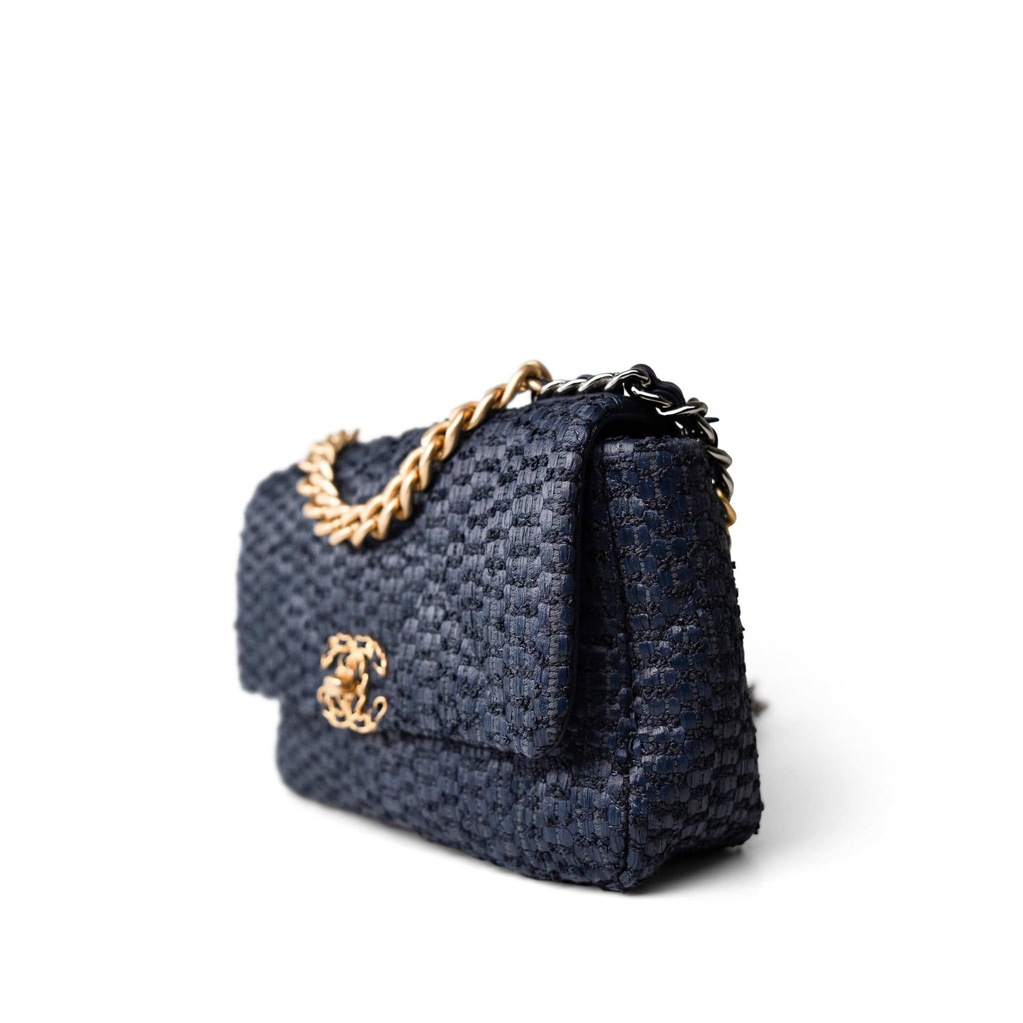 Navy Raffia Quilted 19 Flap Small Mixed Hardware