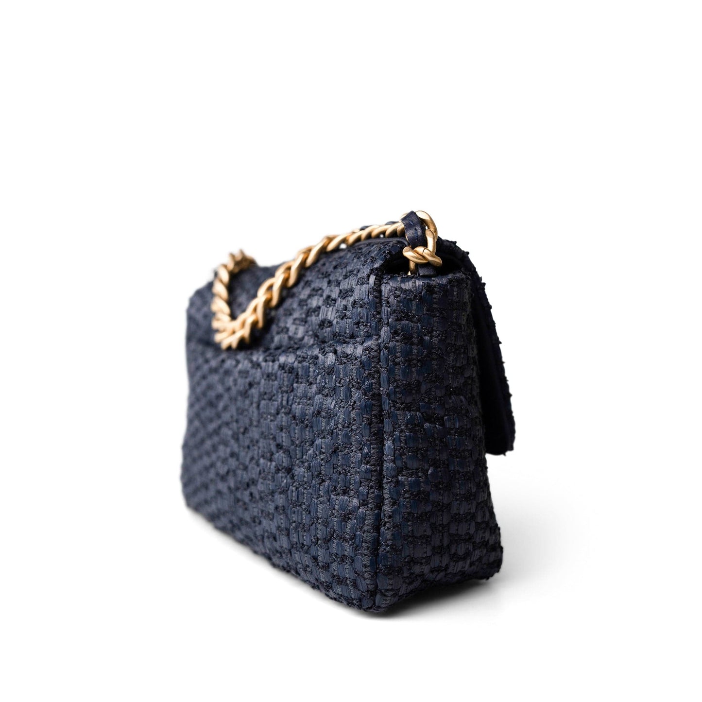 Navy Raffia Quilted 19 Flap Small Mixed Hardware