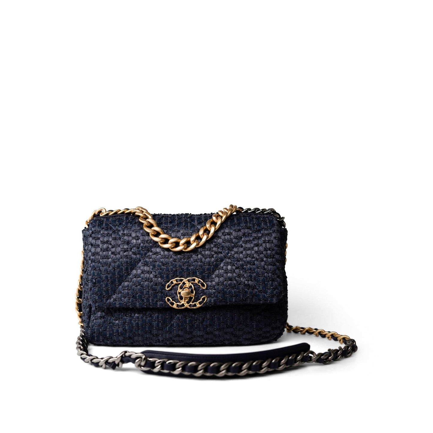 Navy Raffia Quilted 19 Flap Small Mixed Hardware