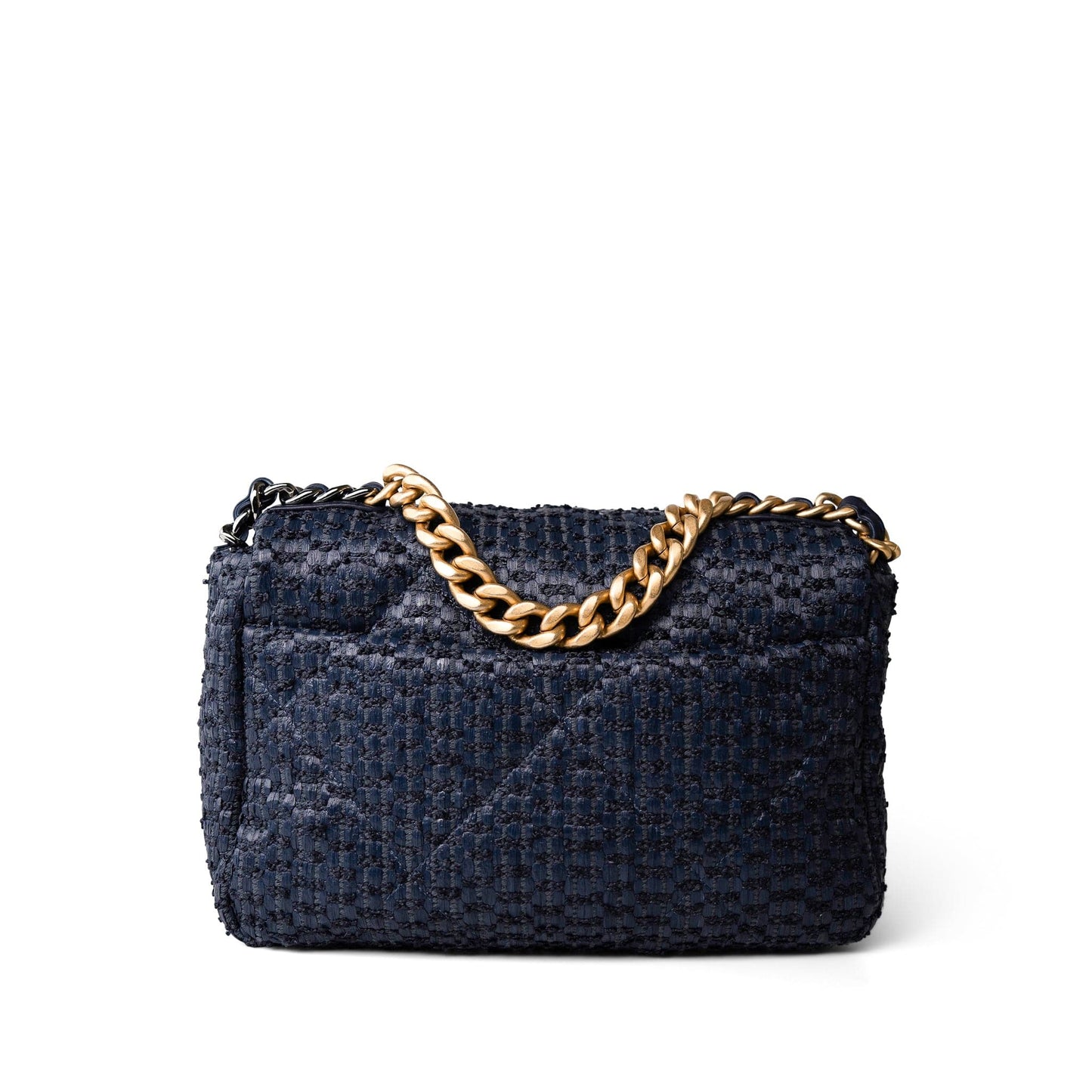 Navy Raffia Quilted 19 Flap Small Mixed Hardware