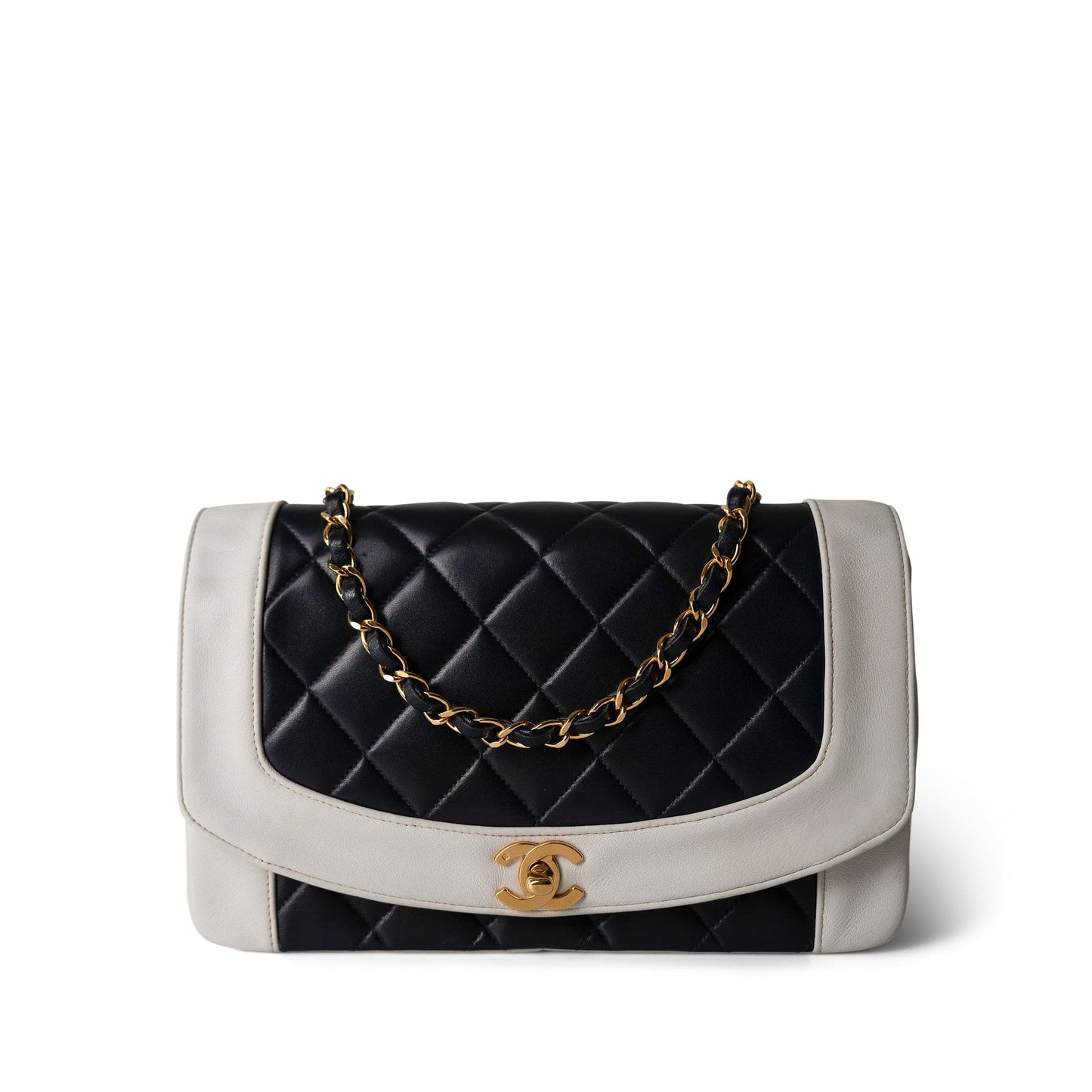 Dark Navy White Lambskin Quilted Diana Flap Medium Gold Hardware