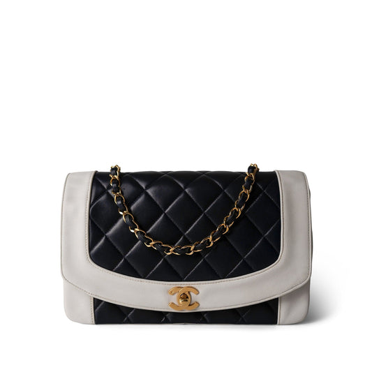 Dark Navy White Lambskin Quilted Diana Flap Medium Gold Hardware