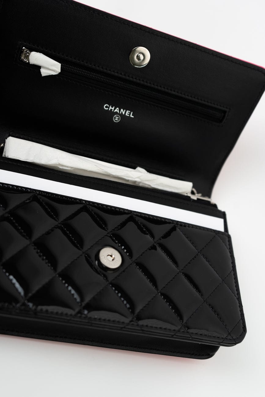 Patent Quilted Pink Black Bi-Color Wallet On Chain WOC