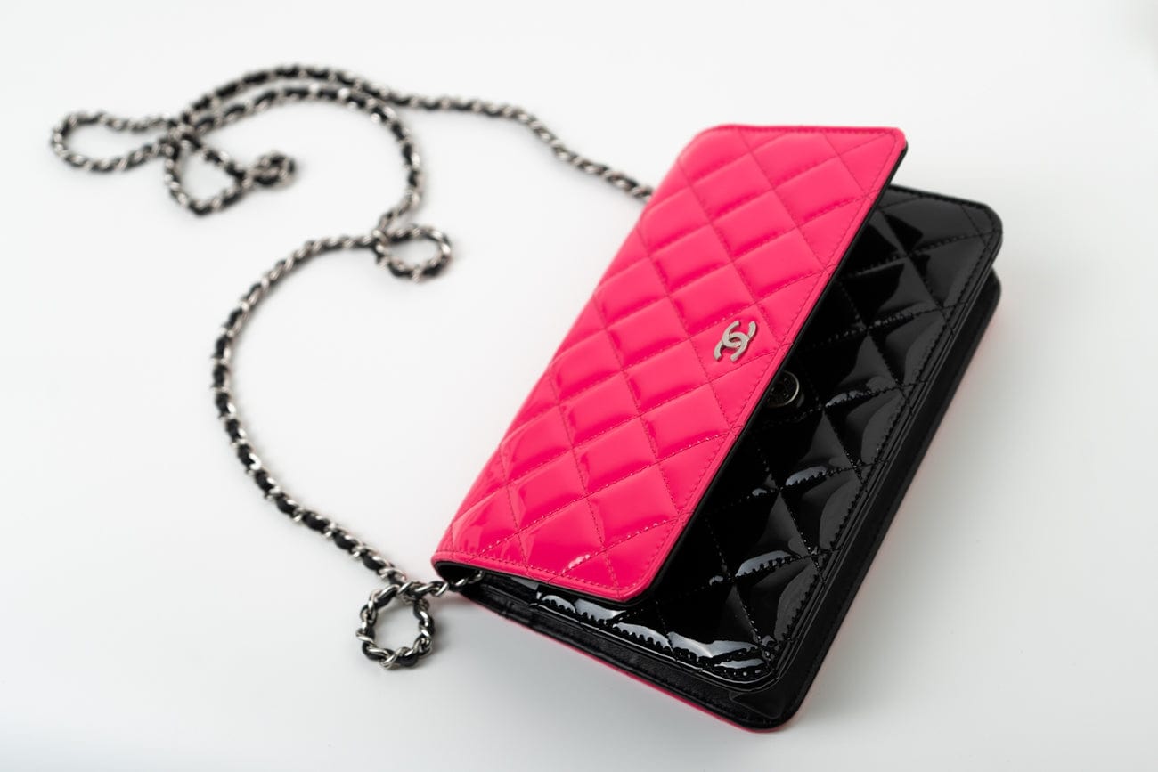 Patent Quilted Pink Black Bi-Color Wallet On Chain WOC
