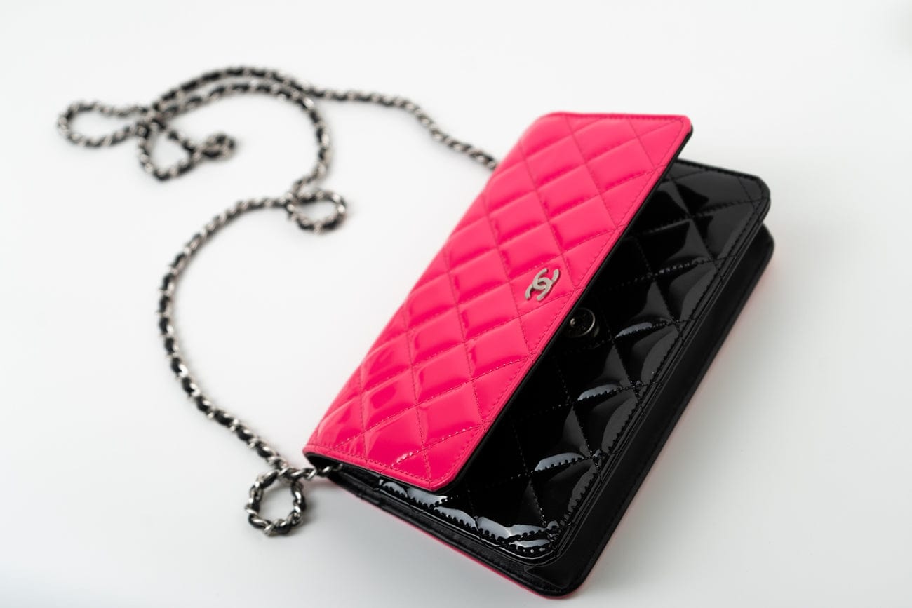Patent Quilted Pink Black Bi-Color Wallet On Chain WOC