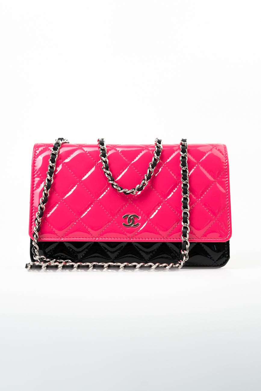 Patent Quilted Pink Black Bi-Color Wallet On Chain WOC