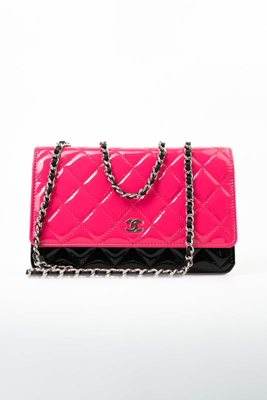 Patent Quilted Pink Black Bi-Color Wallet On Chain WOC