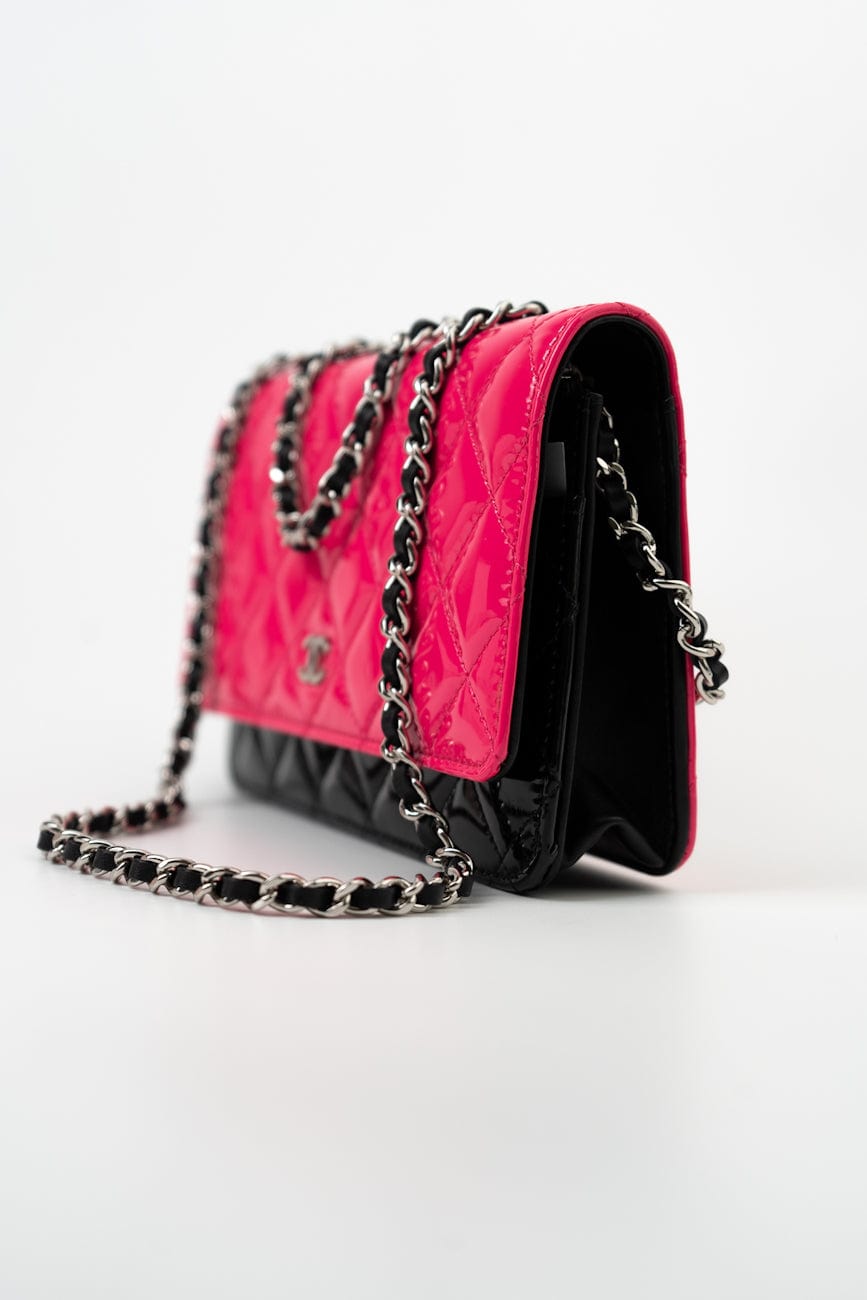 Patent Quilted Pink Black Bi-Color Wallet On Chain WOC