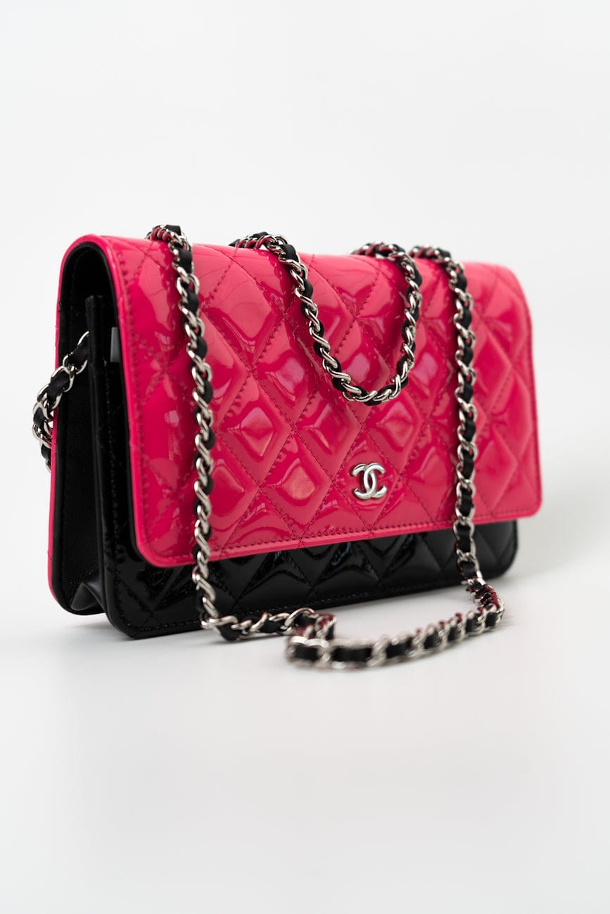 Patent Quilted Pink Black Bi-Color Wallet On Chain WOC