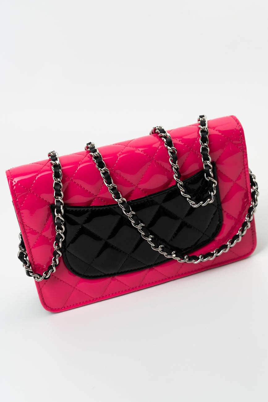 Patent Quilted Pink Black Bi-Color Wallet On Chain WOC