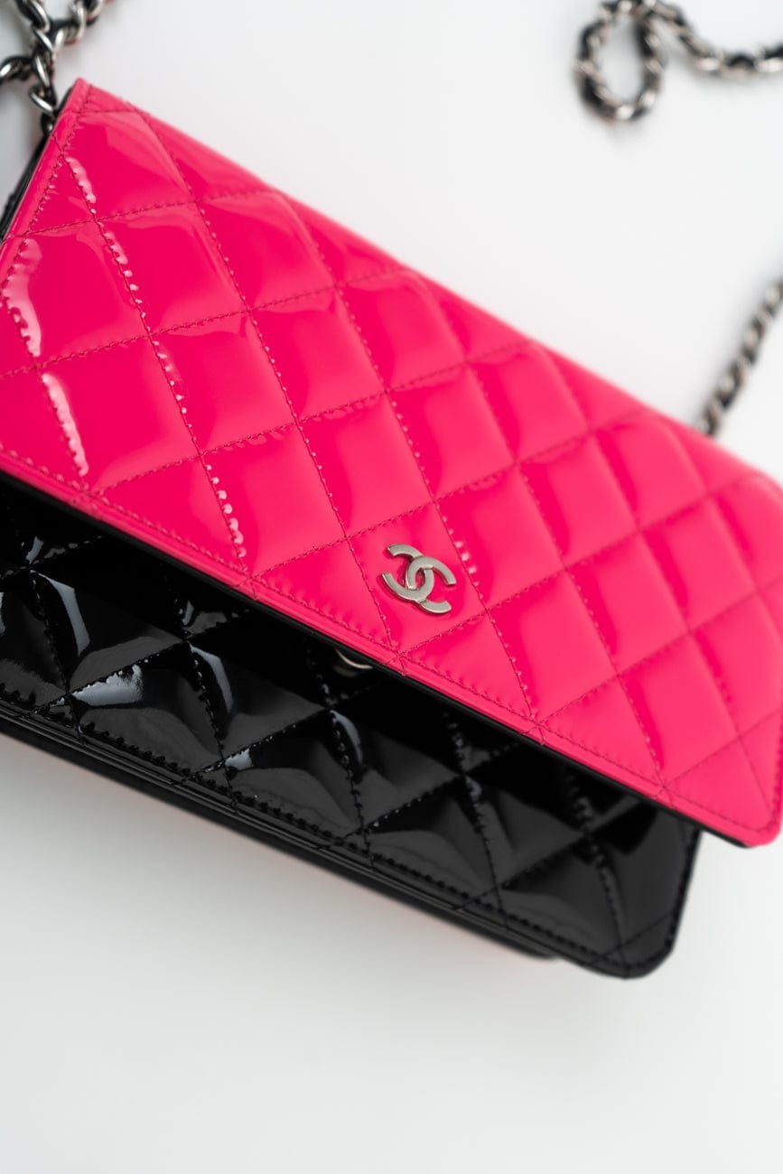 Patent Quilted Pink Black Bi-Color Wallet On Chain WOC