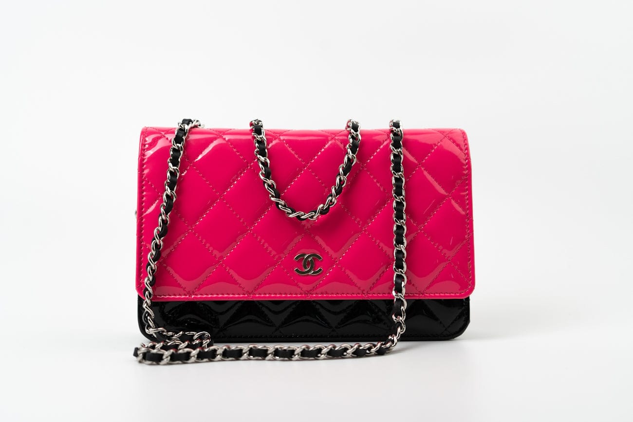 Patent Quilted Pink Black Bi-Color Wallet On Chain WOC
