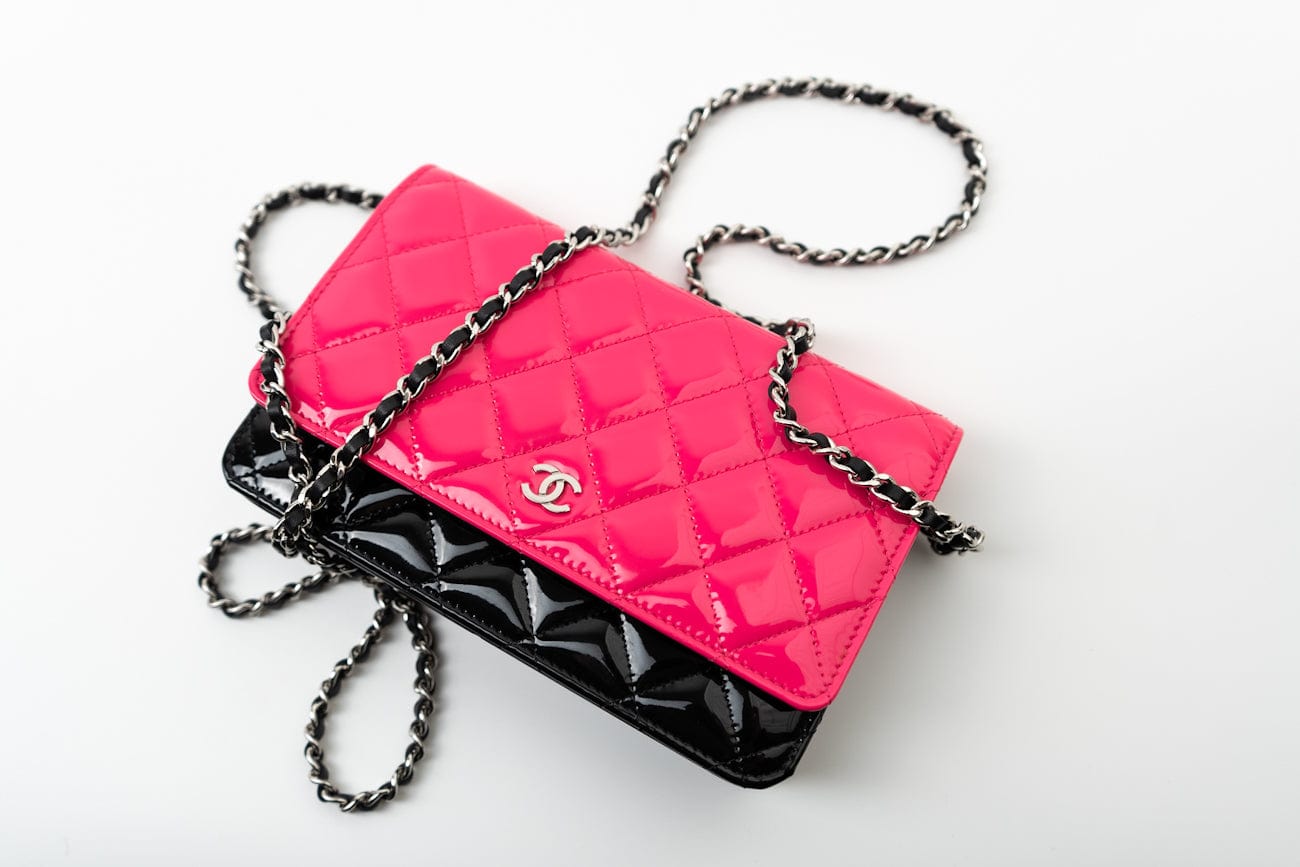 Patent Quilted Pink Black Bi-Color Wallet On Chain WOC
