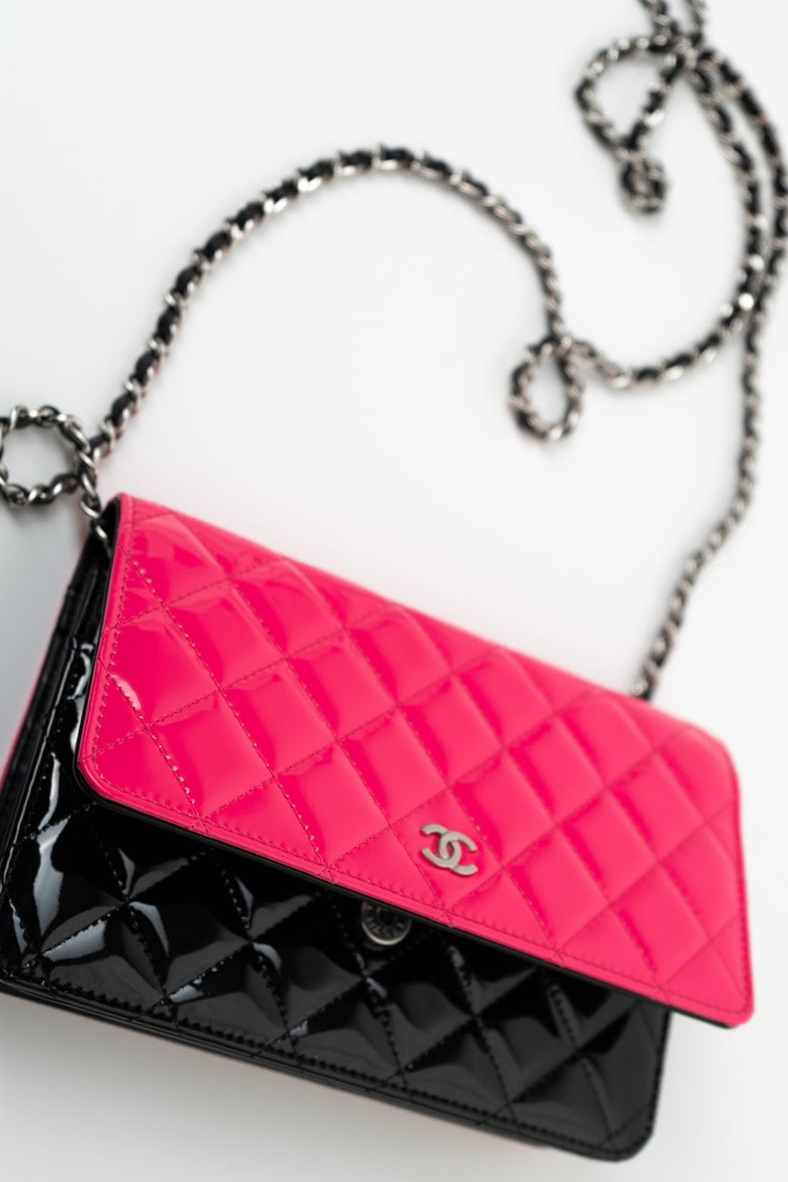 Patent Quilted Pink Black Bi-Color Wallet On Chain WOC