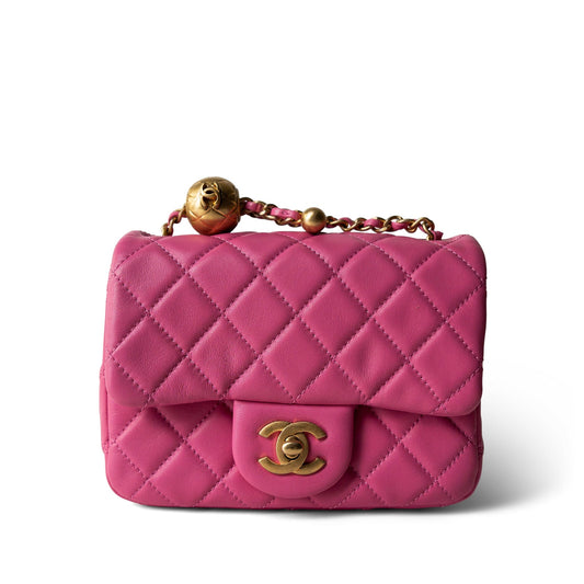 20S Pink Lambskin Quilted Pearl Crush Mini Aged Gold Hardware