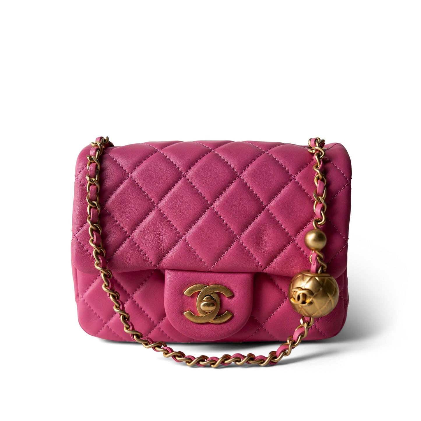 20S Pink Lambskin Quilted Pearl Crush Mini Aged Gold Hardware
