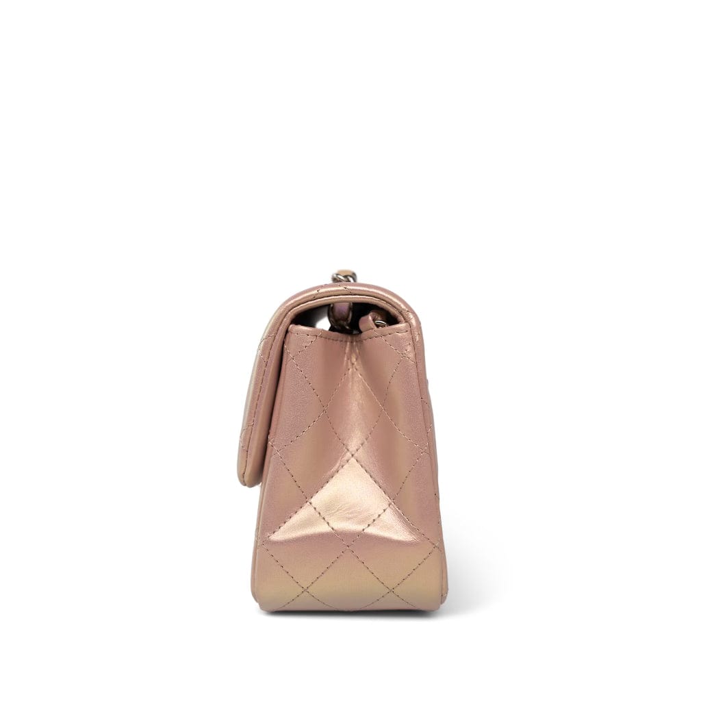 21K Mini Pink Iridescent Square Lambskin Quilted Classic Flap SHW