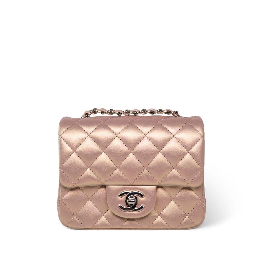 21K Mini Pink Iridescent Square Lambskin Quilted Classic Flap SHW