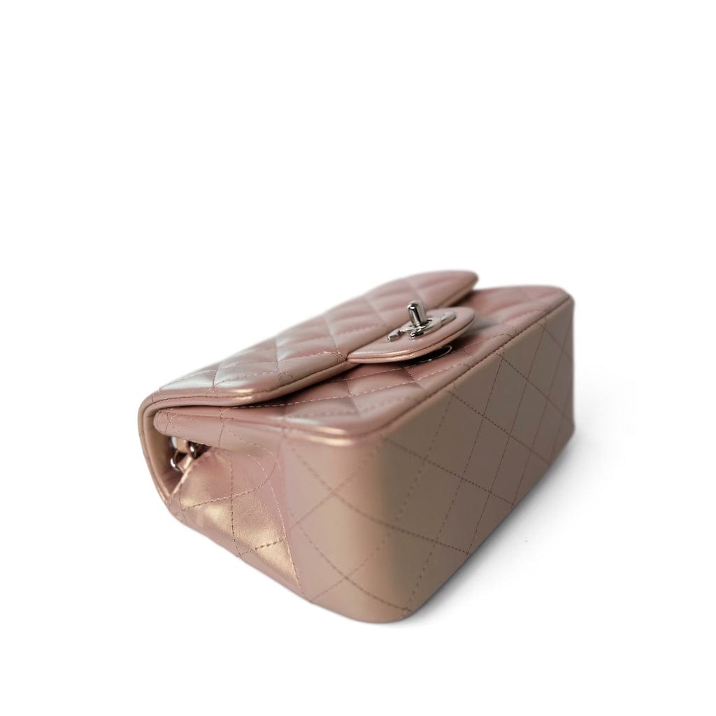 21K Mini Pink Iridescent Square Lambskin Quilted Classic Flap SHW