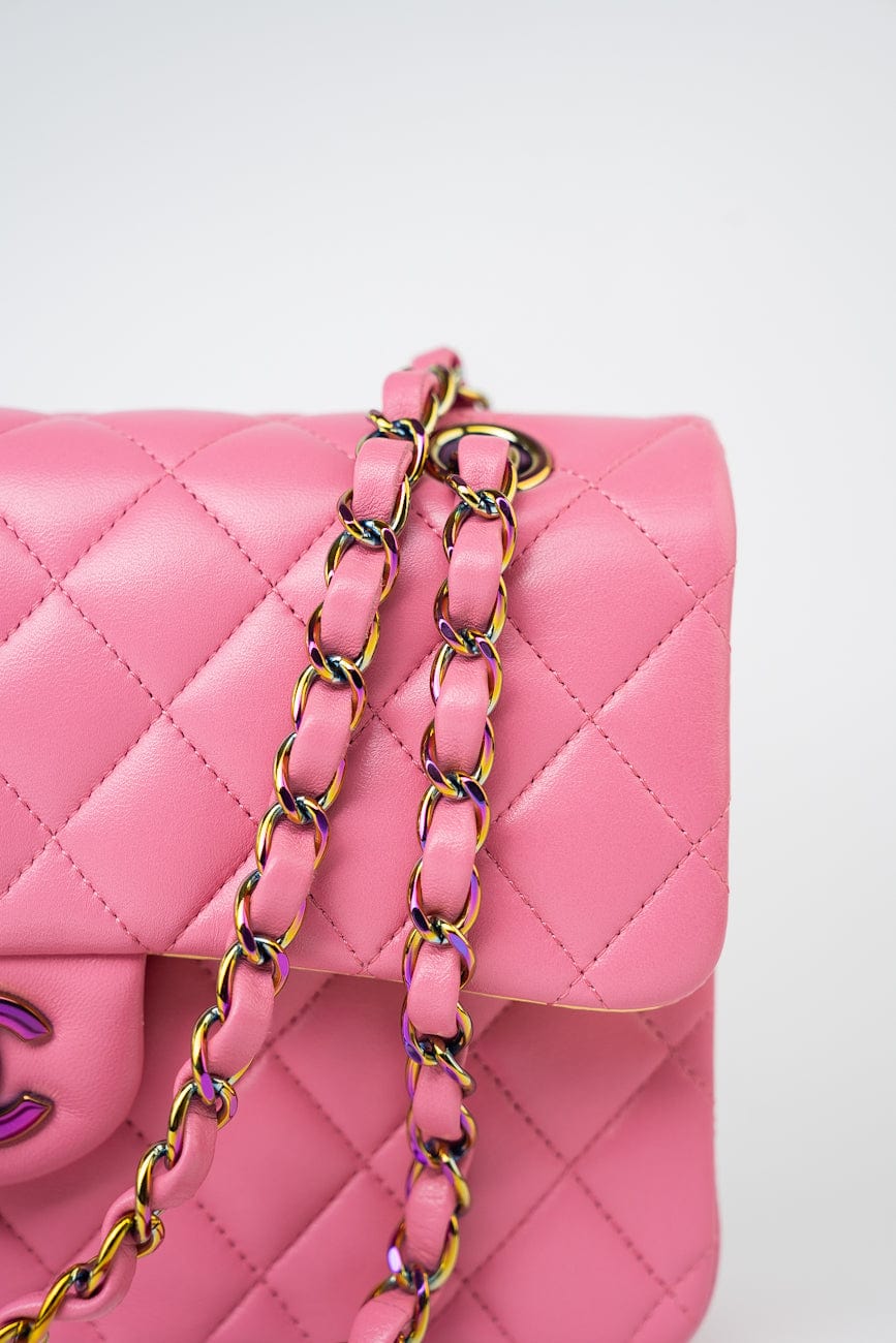 21P Pink Lambskin Quilted Classic Flap Small Yellow Interior / Rainbow Hardware