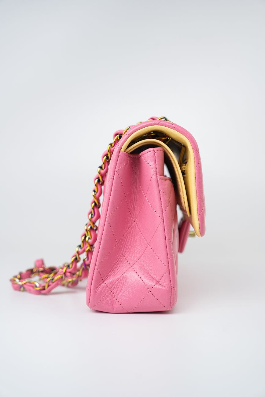 21P Pink Lambskin Quilted Classic Flap Small Yellow Interior / Rainbow Hardware