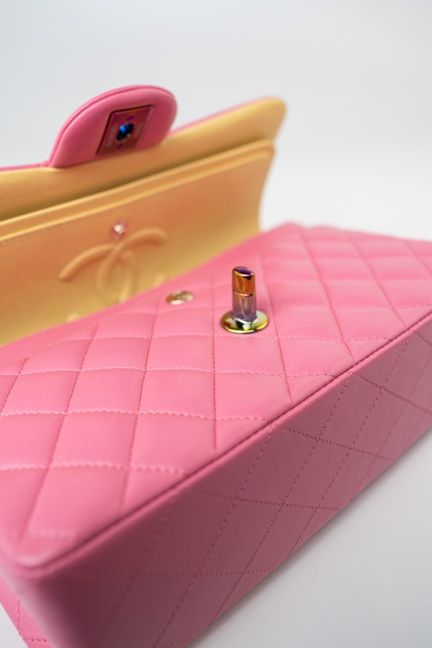 21P Pink Lambskin Quilted Classic Flap Small Yellow Interior / Rainbow Hardware