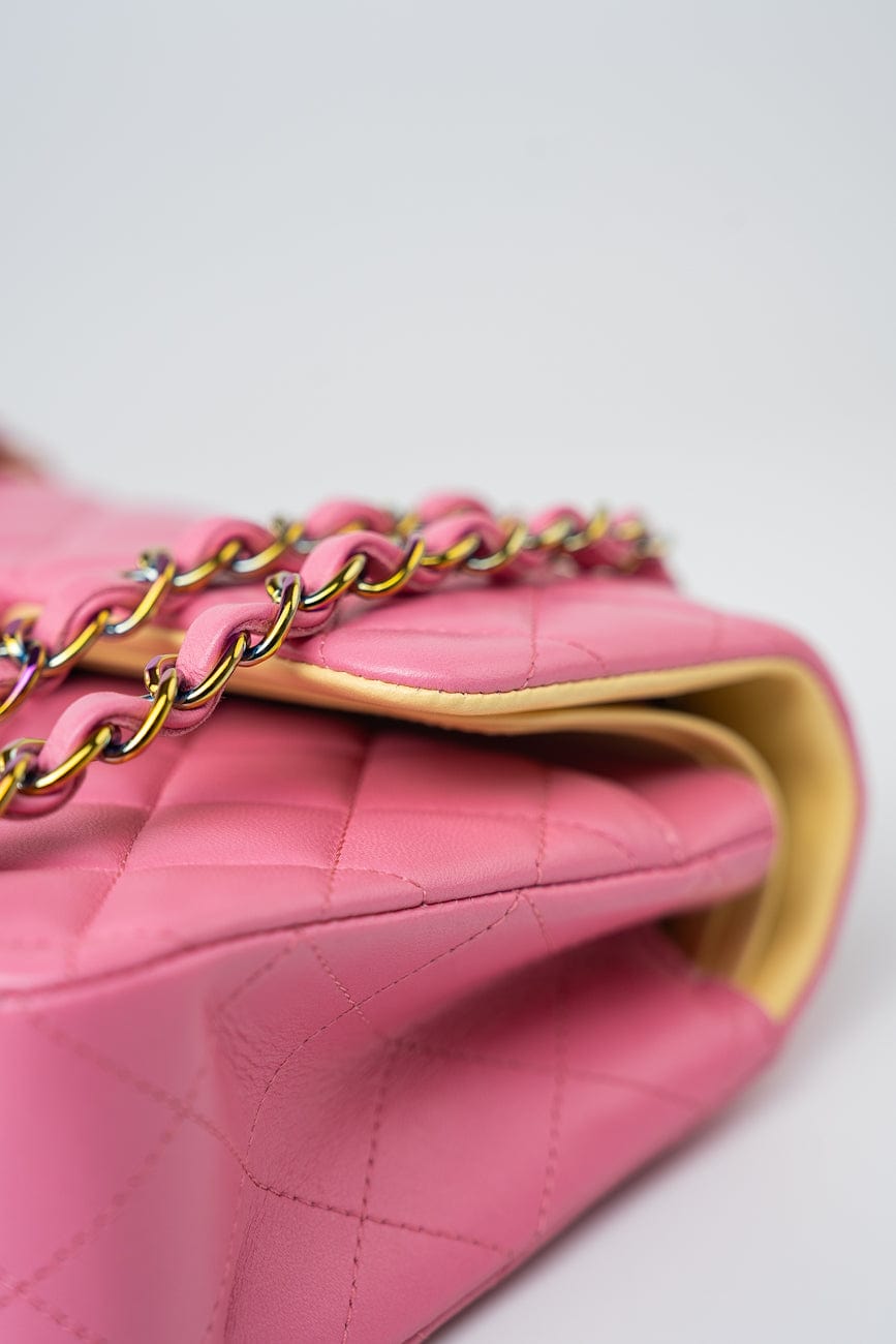 21P Pink Lambskin Quilted Classic Flap Small Yellow Interior / Rainbow Hardware