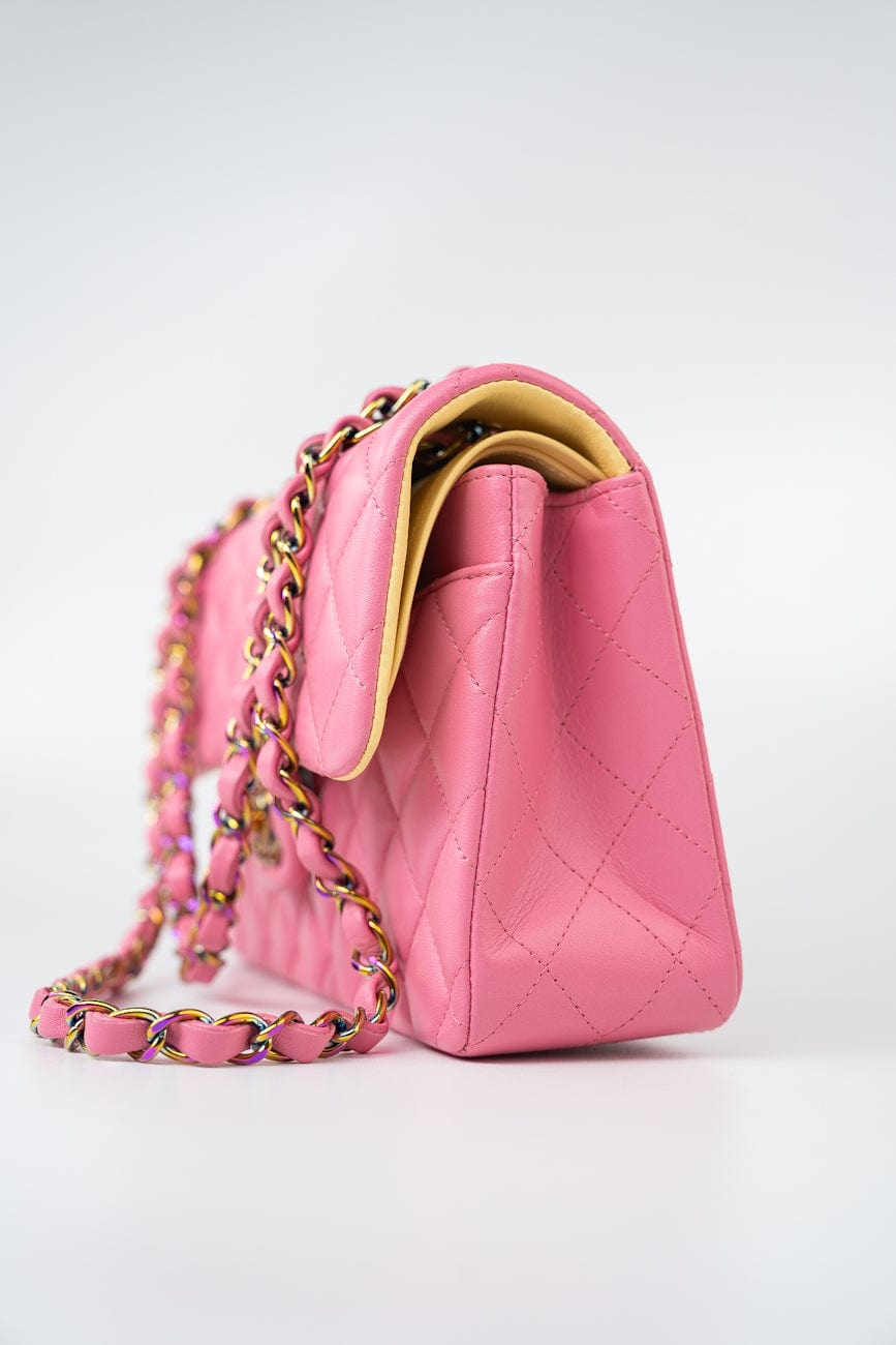 21P Pink Lambskin Quilted Classic Flap Small Yellow Interior / Rainbow Hardware