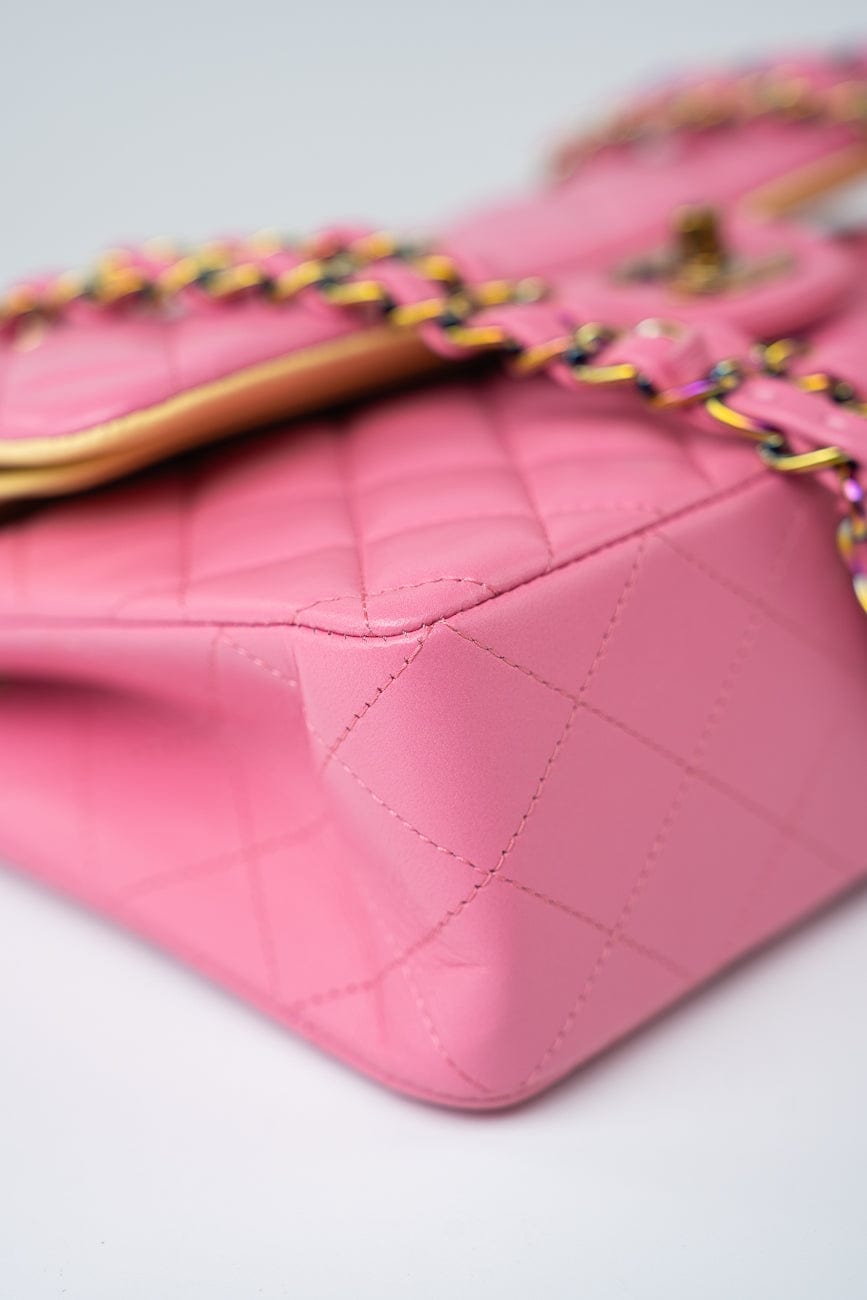 21P Pink Lambskin Quilted Classic Flap Small Yellow Interior / Rainbow Hardware