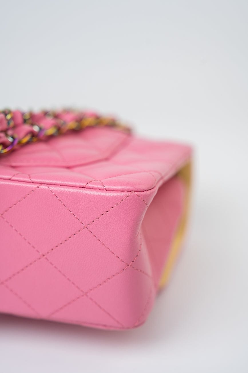21P Pink Lambskin Quilted Classic Flap Small Yellow Interior / Rainbow Hardware