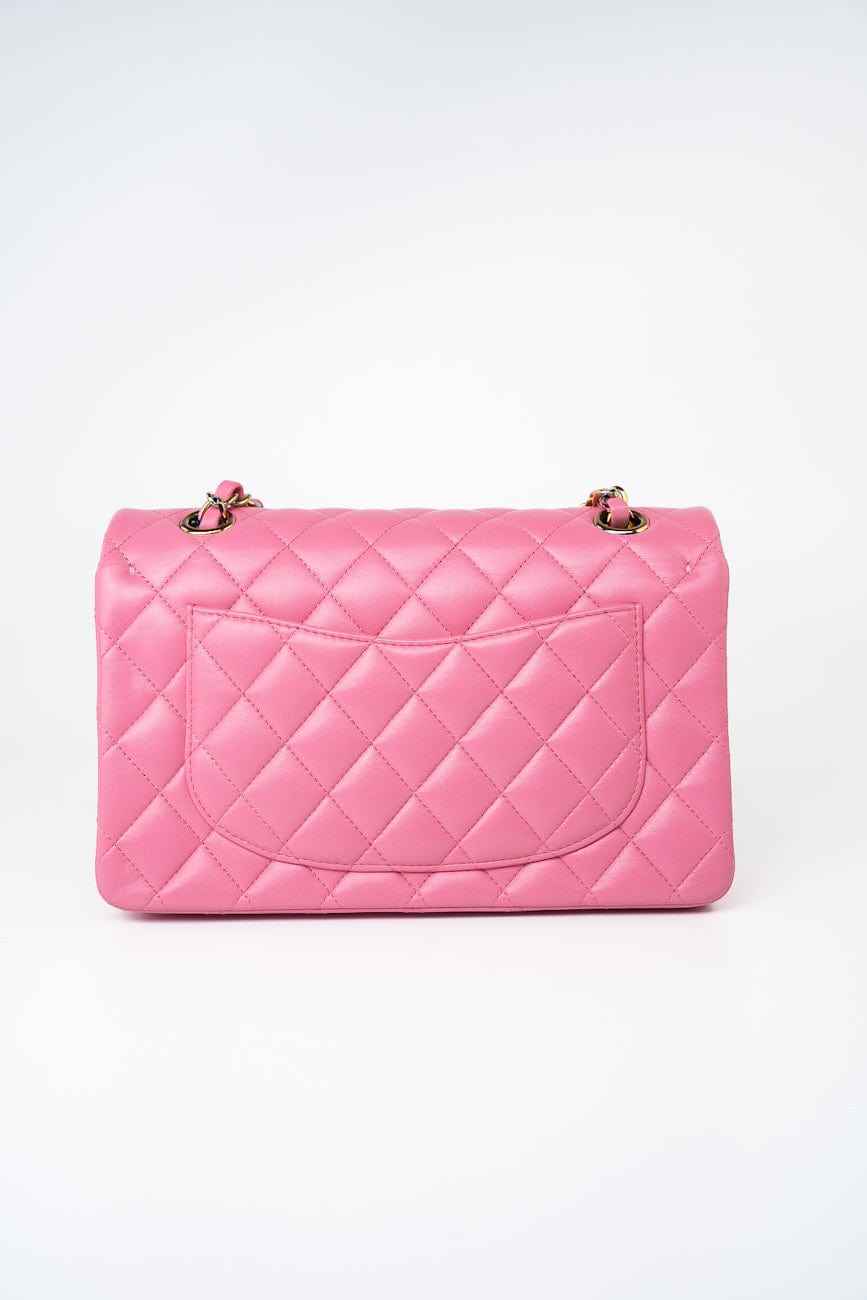 21P Pink Lambskin Quilted Classic Flap Small Yellow Interior / Rainbow Hardware