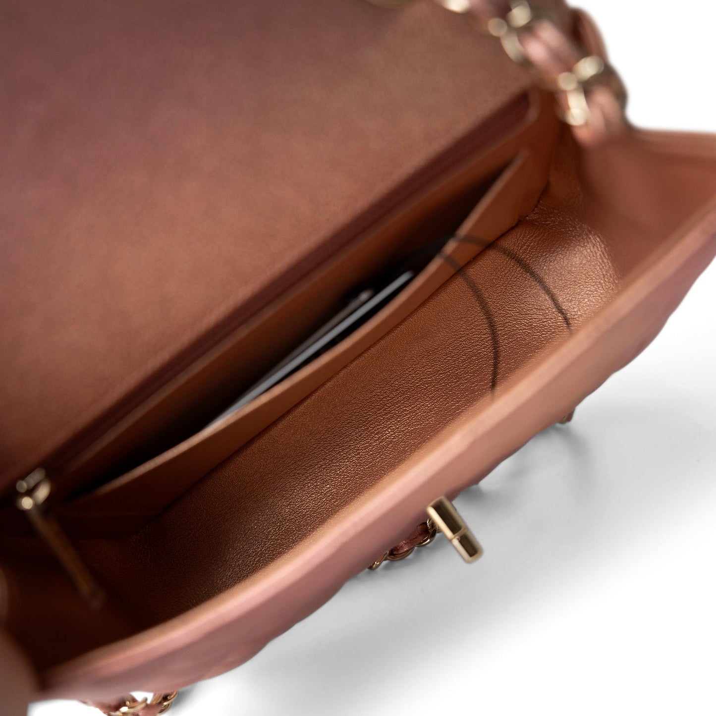 21S Metallic Rose Gold Grained Lambskin Quilted Mini Rectangular Flap