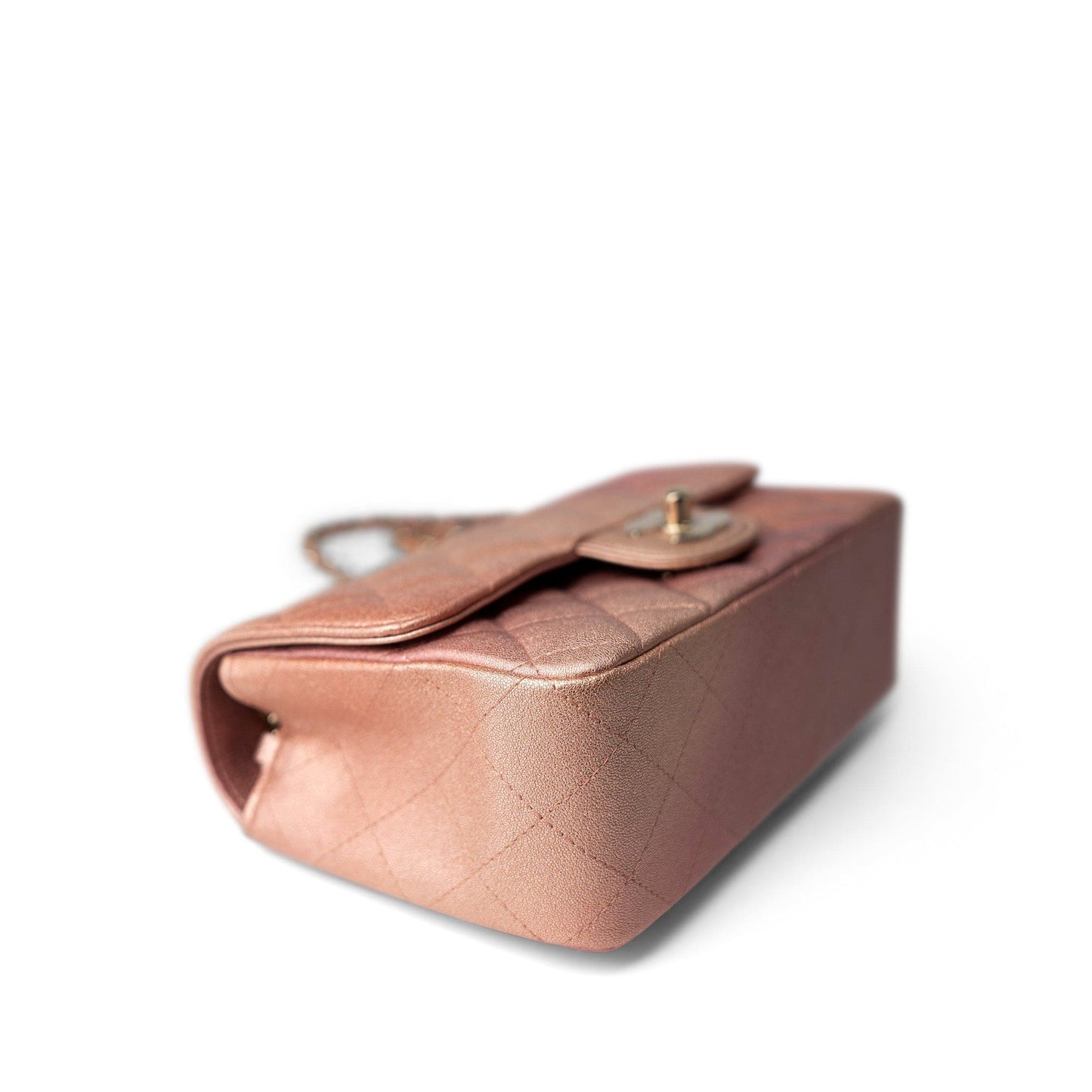 21S Metallic Rose Gold Grained Lambskin Quilted Mini Rectangular Flap