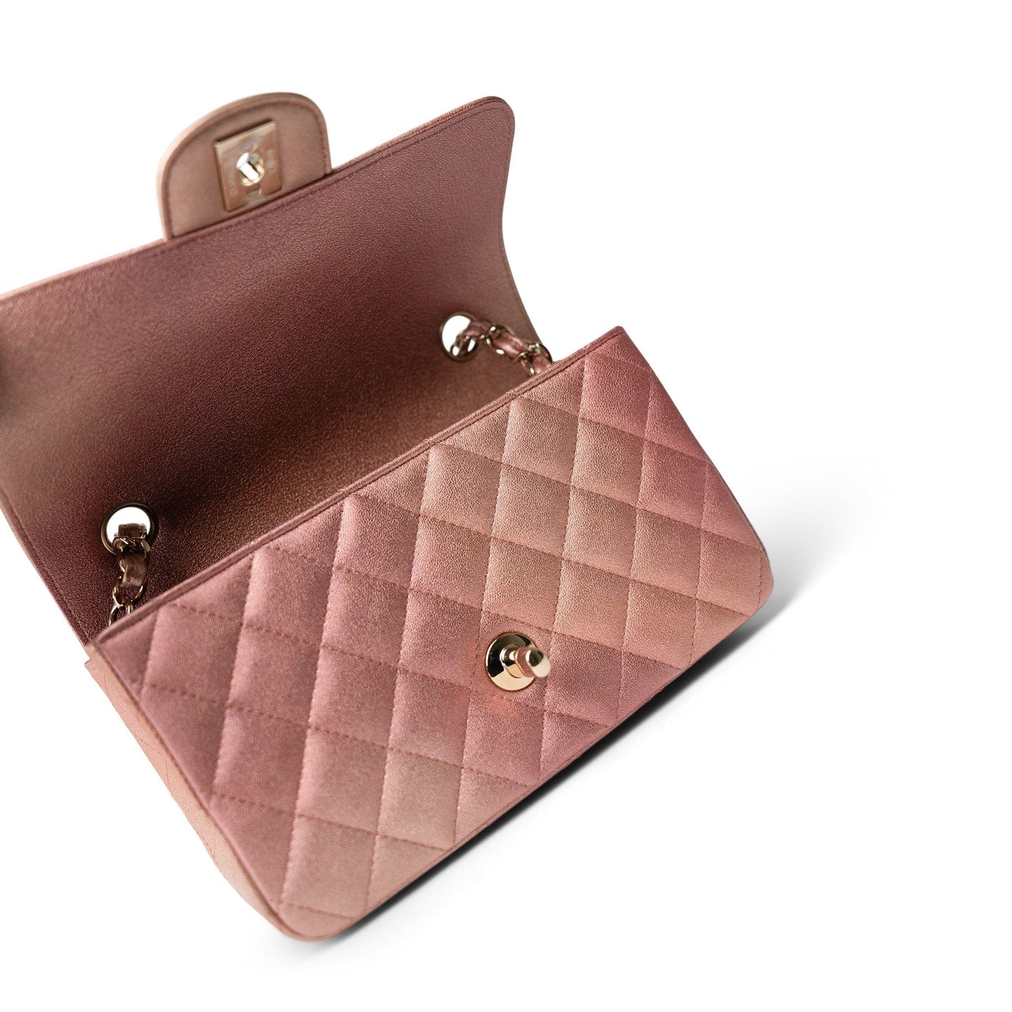 21S Metallic Rose Gold Grained Lambskin Quilted Mini Rectangular Flap