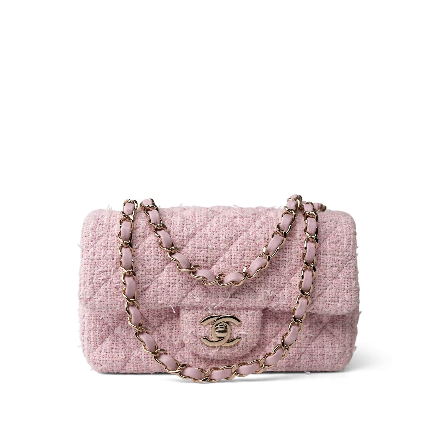 21S Pink White Tweed Quilted Mini Rectangular Flap Light Gold Hardware